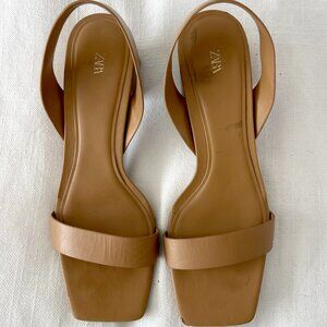 ZARA brown leather sling back block heel sandals size - 39